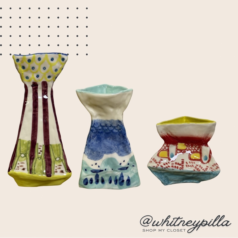 Colorful Hand Painted Ceramic Bud Vase Set Folk Art Boho Decor Set of 3